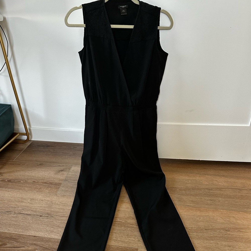 Ann Taylor Petite Sleeveless Surplice V-Neck Jumpsuit — Black (XSP)